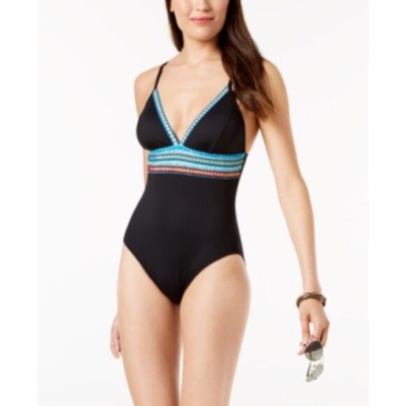 La Blanca NWT One Piece Boho Swimsuit Black & Blue Stitch Size 4 - Picture 5 of 11